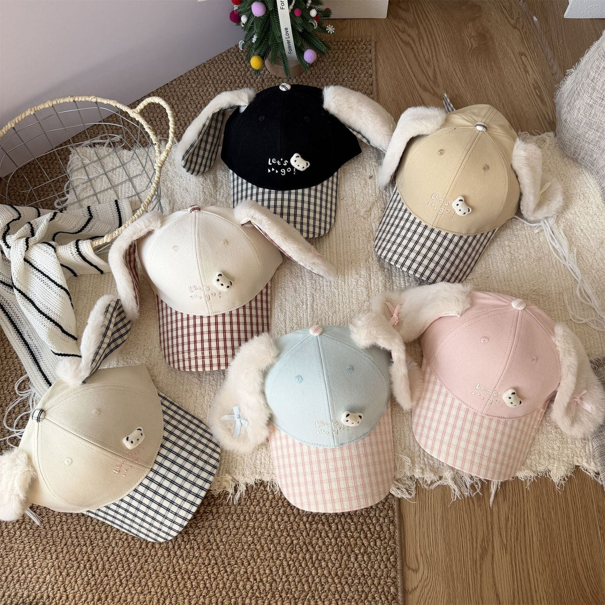 Cute Fluffy Bunny Ear Reversible Plaid Baseball Cap For Girls