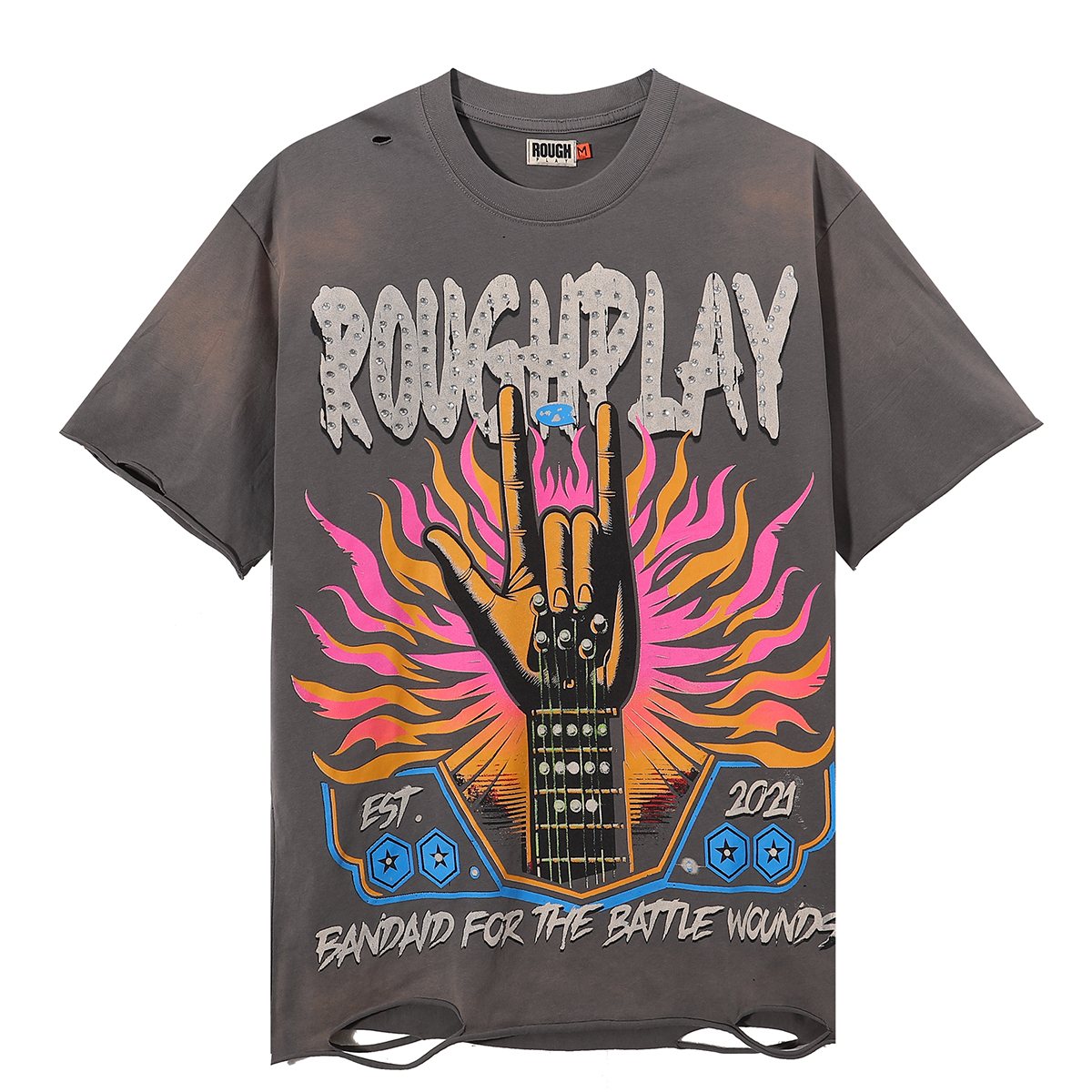 Rough Play Rock Hand Guitar Rhinestone Graphic T-Shirt