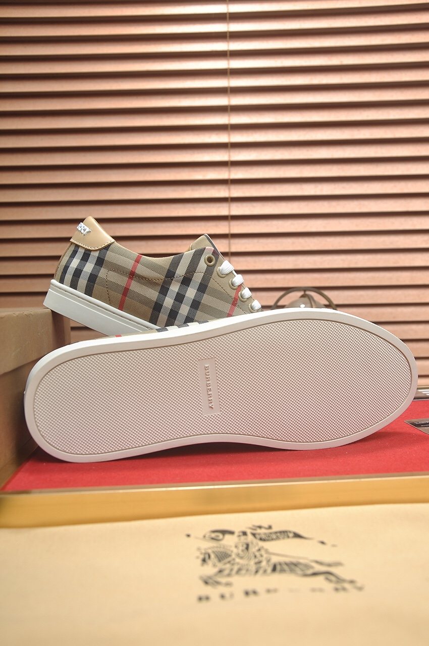 Burberry Beige Check Low-Top Sneakers - White Laces And White Rubber Sole