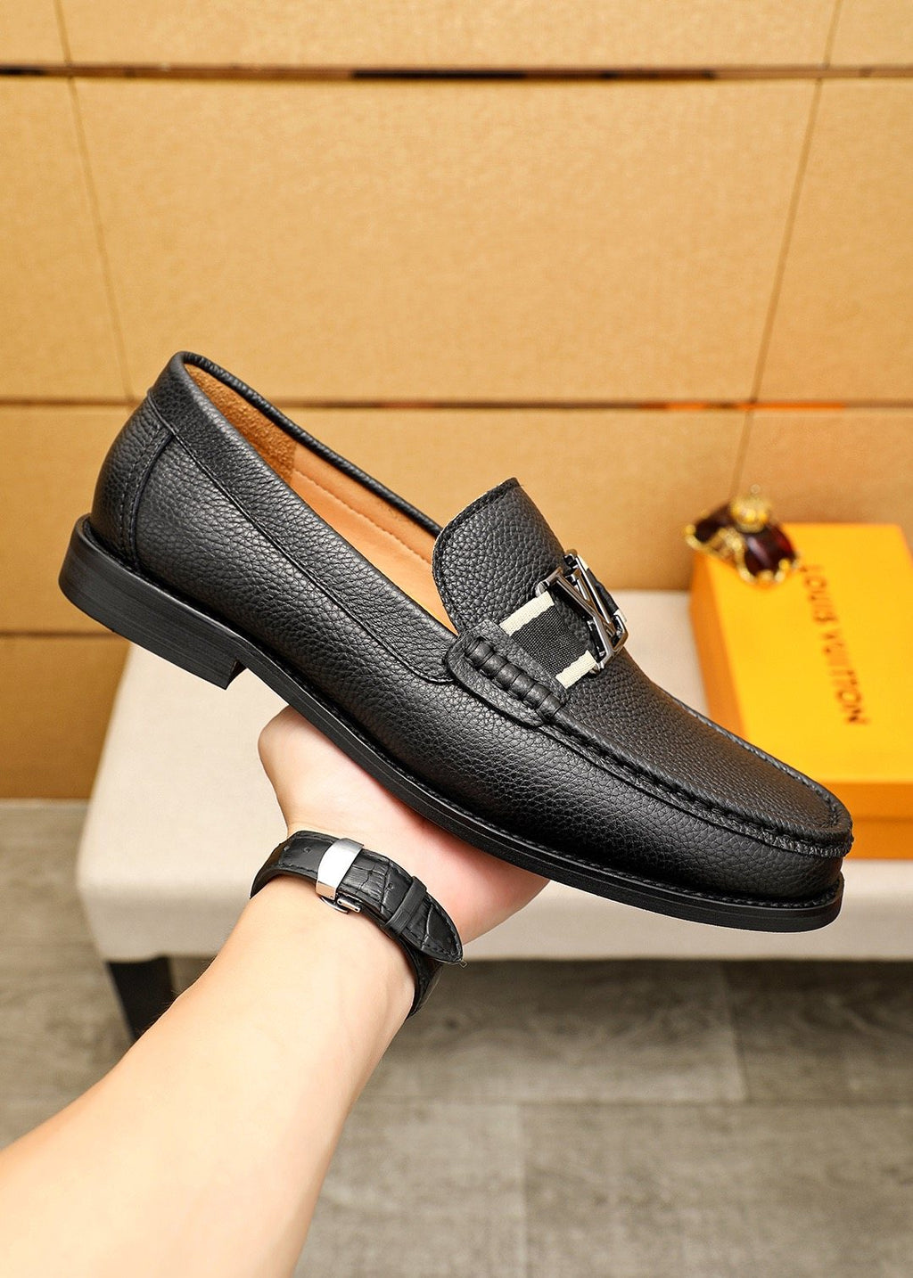 Louis Vuitton Black Pebbled Leather Loafers - Silver-Tone Hardware