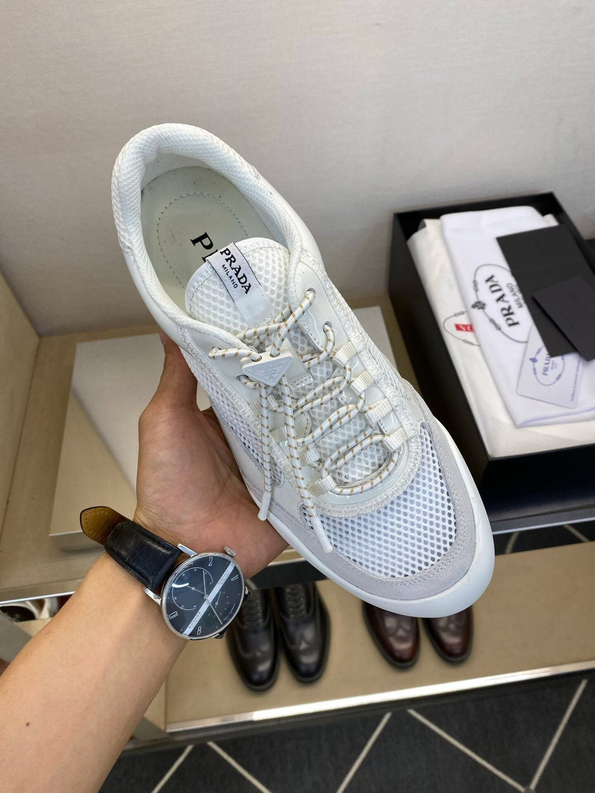 Prada Men's White and Light Gray Mesh Sneakers