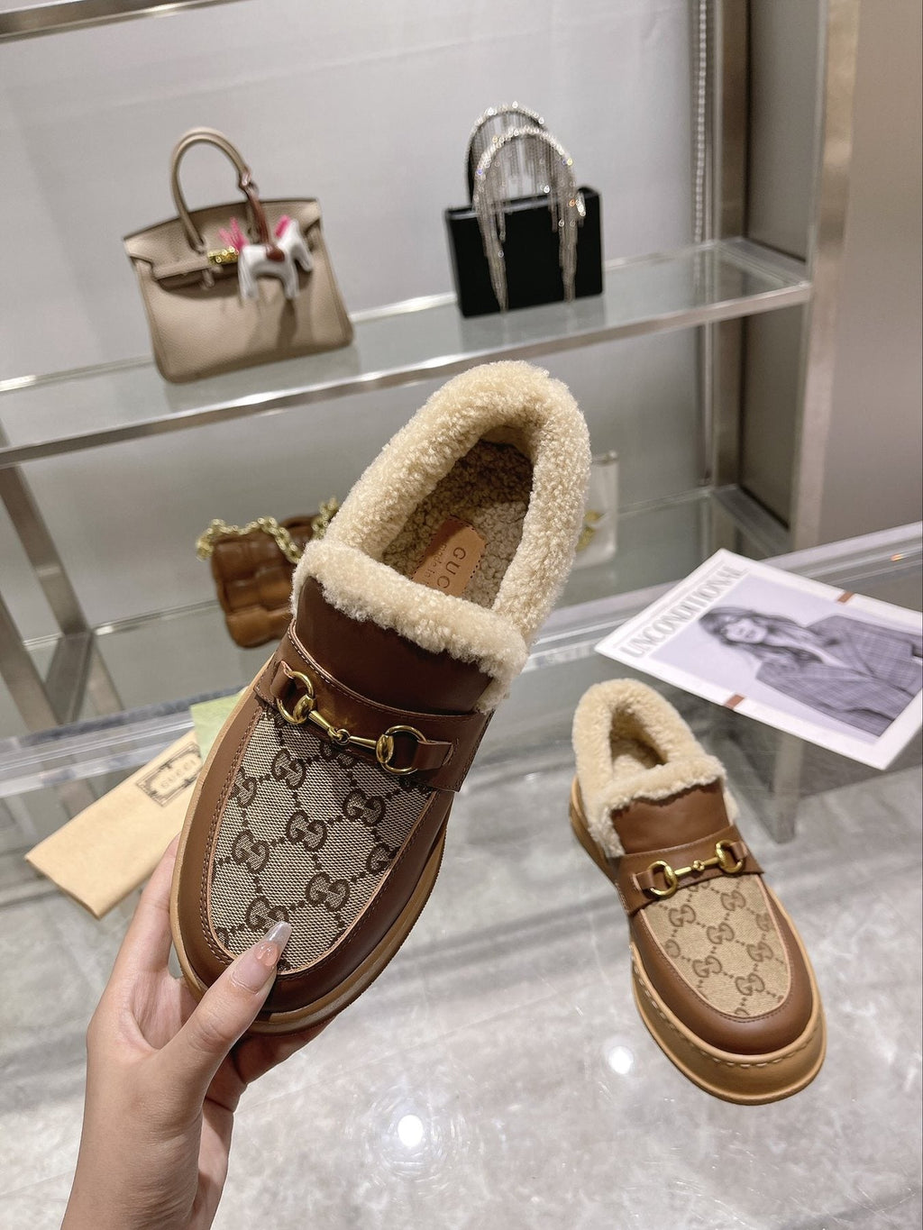 Gucci Patterned Plush-Trim Slip-On Snow Boots