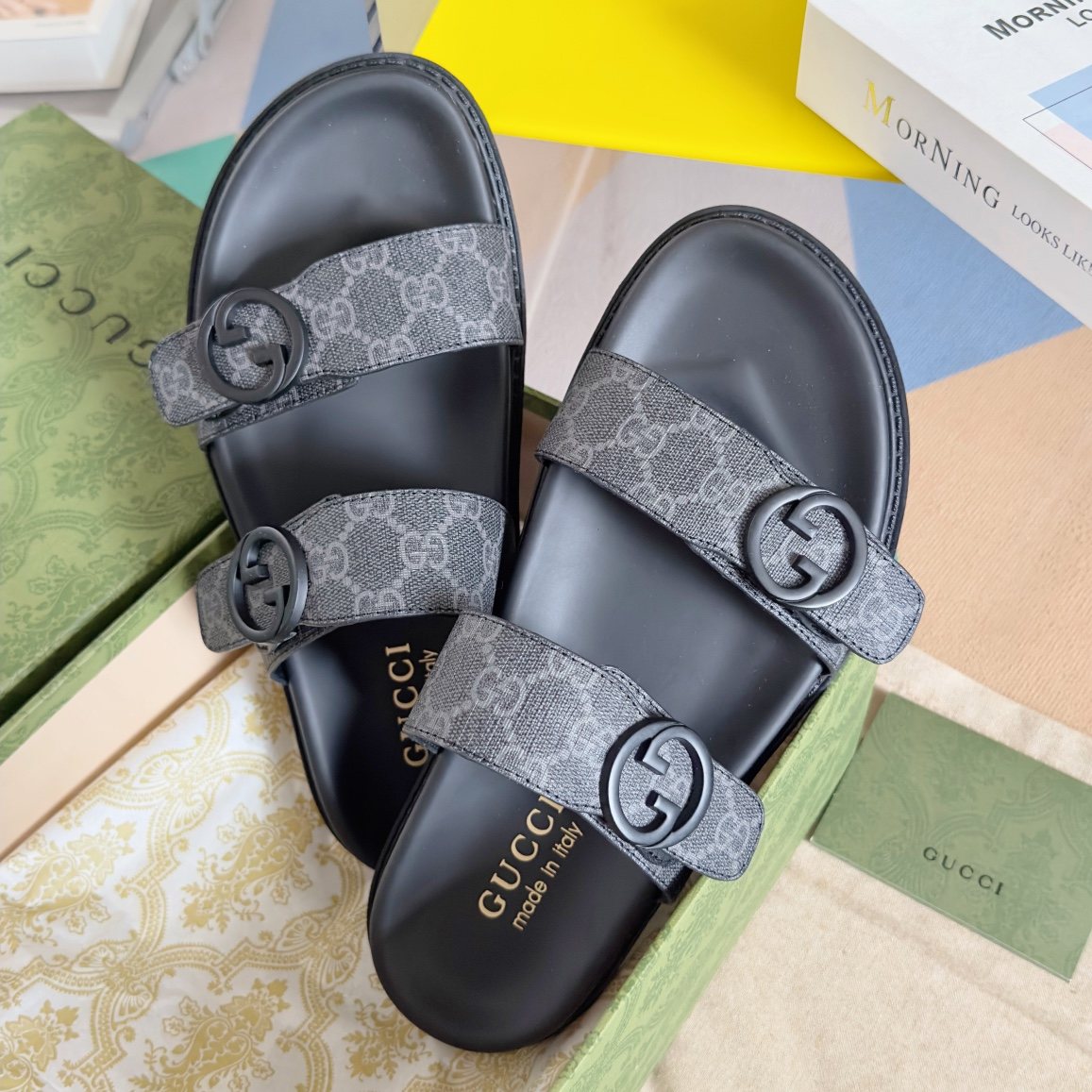 Gucci Gray Monogram Slide Sandals